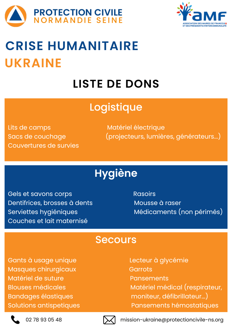 Liste de dons Protection Civile pour Ukraine
